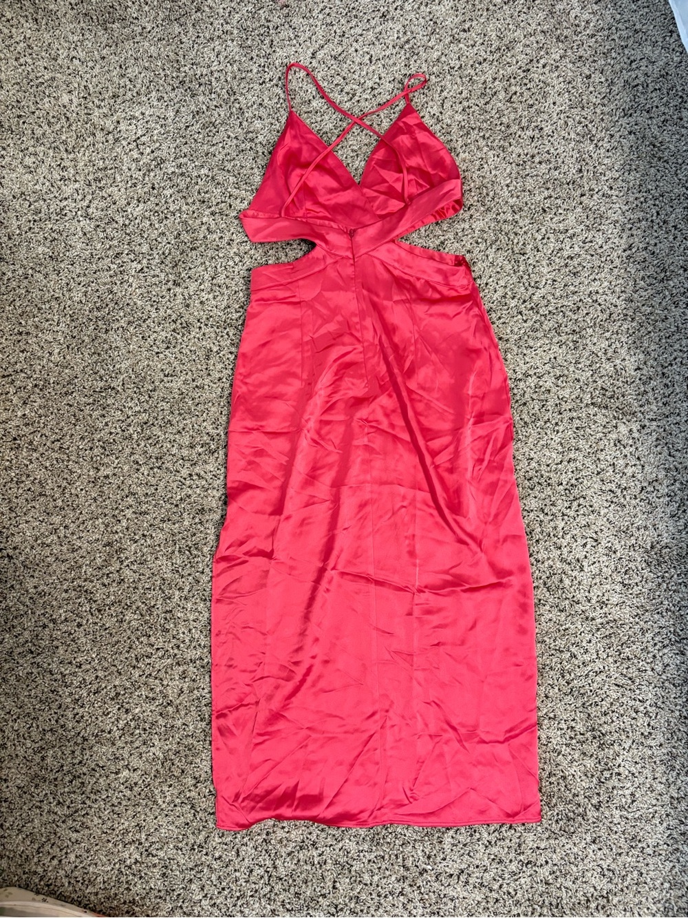 Zara Coral Satin Midi Dress with Cutout Detail - Picture 3 of 4